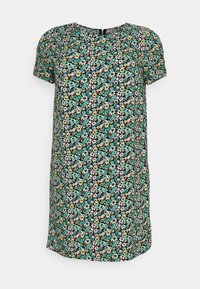 Blommig kortärmad klänning med svart bakgrund och flerfärgade blommönster i turkos, gult och rosa. Lättviktsmaterial.