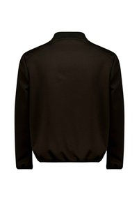 Zwart sweatshirt met een geribbelde kraag, lange mouwen en elastische manchetten. Gladde textuur zonder patronen of extra details.