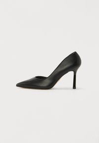 Black leather high-heeled pump with a pointed toe and a slender stiletto heel. The upper features a smooth texture and no embellishments.