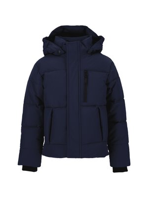 Veste matelassée navy avec capuche, dotée d'une fermeture éclair sur le devant, de quatre poches, de poignets côtelés et d'une texture matelassée pour l'isolation.