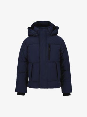 Parka imbottita blu marina con cappuccio, dotata di zip frontale, quattro tasche, polsini a coste e una texture trapuntata per isolamento.