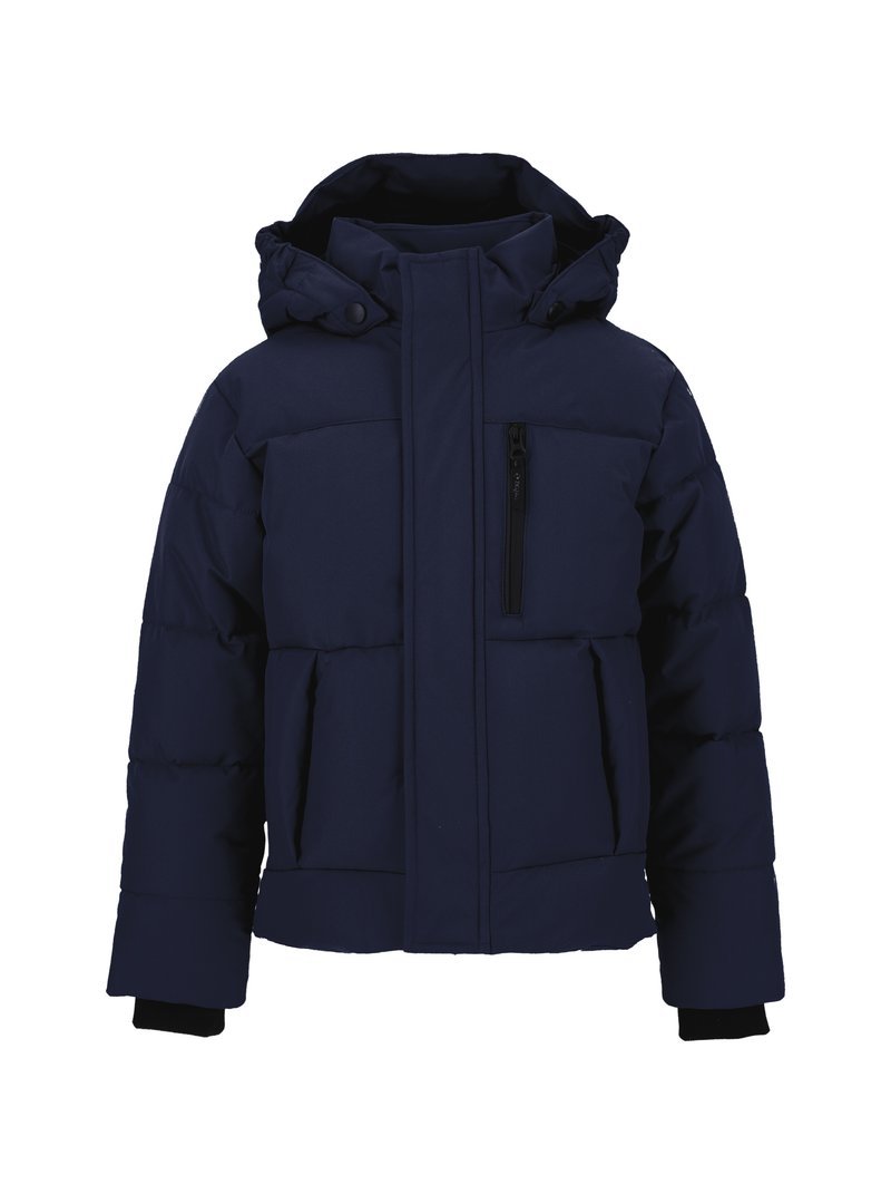 Navyblauer Pufferjacke mit Kapuze, ausgestattet mit einem Reißverschluss an der Vorderseite, vier Taschen, gerippten Bündchen und einer gesteppten Textur für Isolierung.