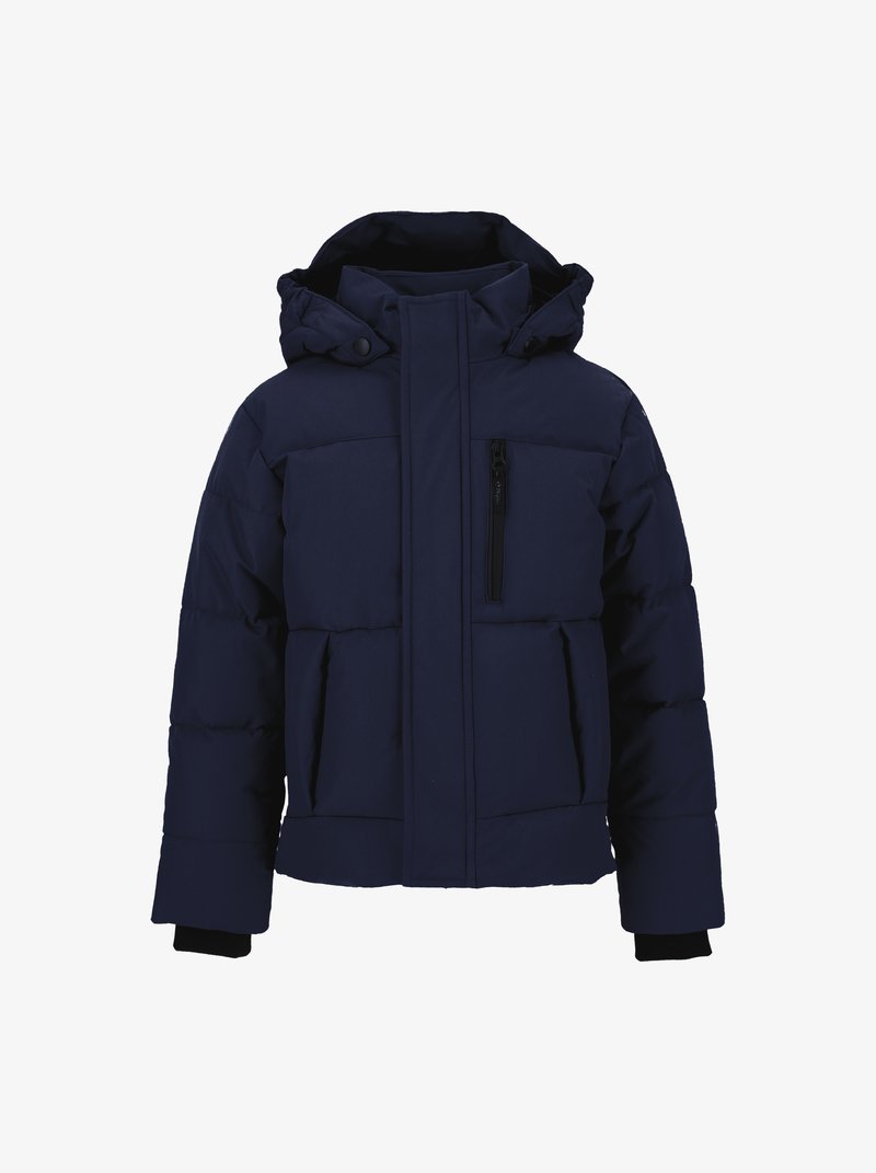 Mørkeblå puffjakke med hætte, der har en frontlynlås, fire lommer, ribbede cuffs og en quiltet tekstur for isolering.
