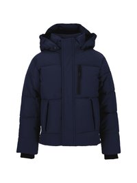 Marineblaue gesteppte Jacke mit Kapuze, ausgestattet mit einem Frontreißverschluss, zwei großen Vordertaschen und einer kleinen, mit Reißverschluss verschließbaren Brusttasche.