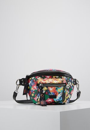 Riñonera con estampado floral colorido, correa negra ajustable, bolsillo delantero con cremallera y tiradores decorativos de cremallera con la palabra "LOVE".