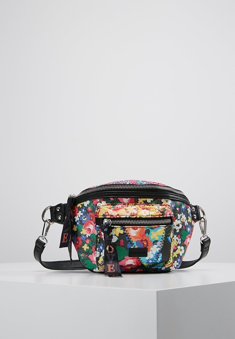 Sac banane à imprimé floral coloré avec sangle noire réglable, poche avant zippée et tirettes de fermeture éclair décoratives "LOVE".