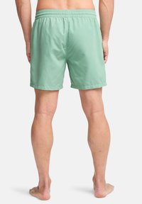 Pantaloni da bagno verde chiaro con elastico in vita, taglio fino al ginocchio e texture del tessuto liscia. Nessun motivo o accentuazione visibile.