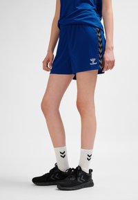 Blauwe atletische korte broek met een zwart chevron-zijpaneel en een elastische tailleband. Gecombineerd met zwarte sneakers en witte sokken met zwarte strepen.