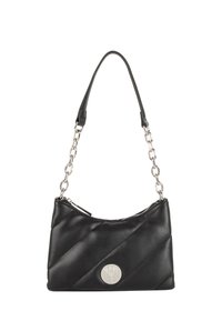 Borsa a tracolla in finta pelle nera con motivo a rombi, logo circolare in tonalità argento e una combinazione di tracolla a catena e spallacci. Chiusura con cerniera.