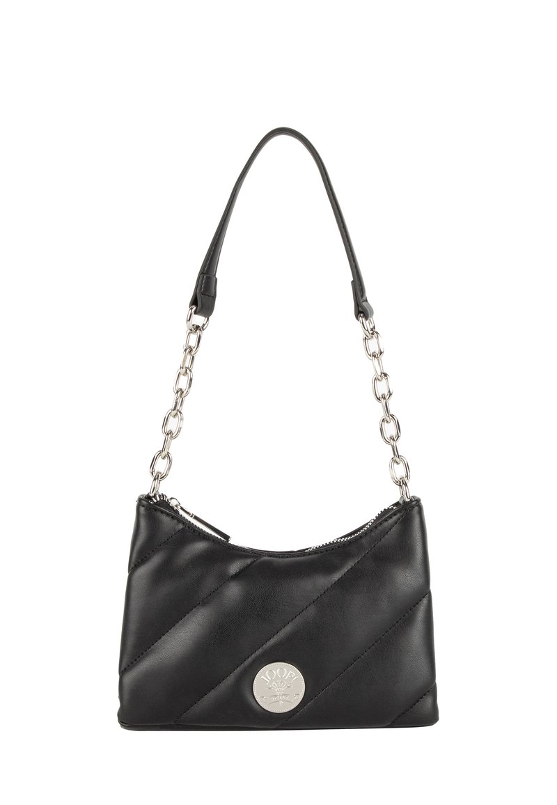 Borsa a tracolla in finta pelle nera con motivo a rombi, logo circolare in tonalità argento e una combinazione di tracolla a catena e spallacci. Chiusura con cerniera.