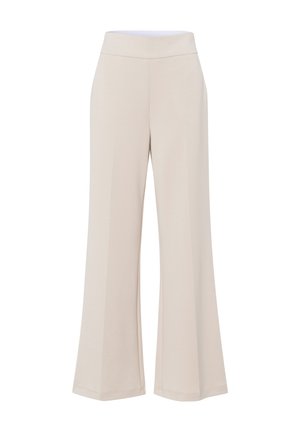 Beige wijde broek met een hoge, elastische tailleband en een gladde textuur. Heeft eenvoudige, strakke lijnen zonder extra patronen of accenten.