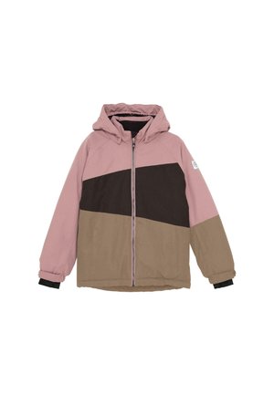 Giacca invernale con cappuccio e zip frontale, con colori a blocchi in rosa polveroso, marrone scuro e beige, dotata di polsini regolabili e una patch con il logo sulla manica.