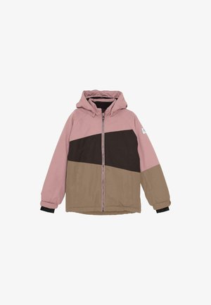 Hoodie-Winterjacke mit Frontreißverschluss, in Staubrosa, Dunkelbraun und Beige farblich blockiert, mit verstellbaren Manschetten und einem Logo-Patch am Ärmel.