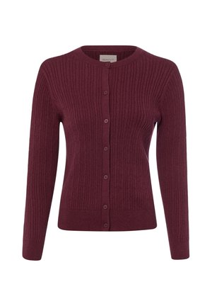Bordeauxrode geribbelde gebreide cardigan met ronde hals, lange mouwen en knoopsluiting aan de voorkant.