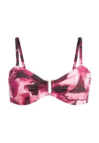 Top bikini astratto in rosa e rosso scuro con motivo, dotato di spalline sottili regolabili e dettaglio centrale con chiusura.