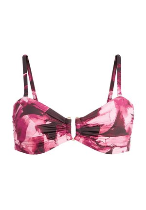 Rosa und dunkelroter, abstrakt gemusterter Bikini-Oberteil mit dünnen, verstellbaren Trägern und einem zentralen Verschlussdetail.