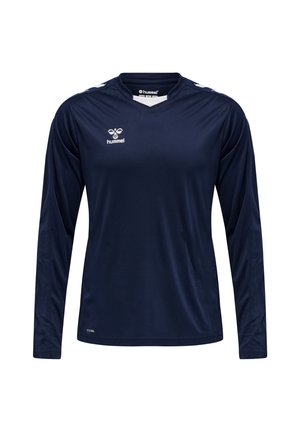 Marineblaues Sporttrikot mit langen Ärmeln, weißem Hummel-Logo auf der Brust und weißen Chevron-Akzenten auf den Schultern.