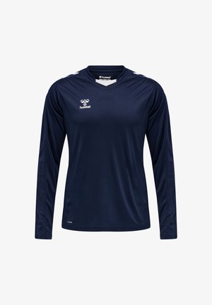 Marineblaues Sporttrikot mit langen Ärmeln, weißem Hummel-Logo auf der Brust und weißen Chevron-Akzenten auf den Schultern.