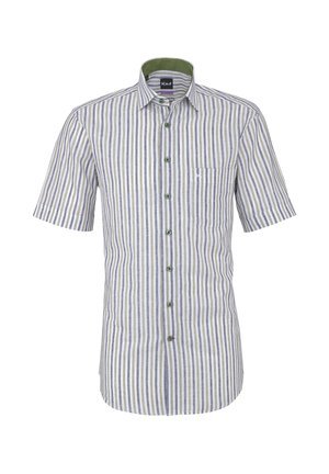 Camicia a maniche corte con bottoni, a righe verticali verdi, grigie e bianche, con taschino sul petto con piccolo logo.