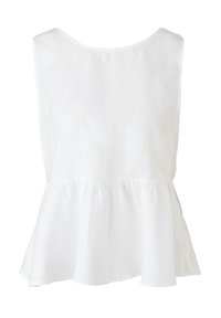 Top bianco senza maniche realizzato in un tessuto leggero, con scollatura a girocollo e una gonna a cascata svasata con una texture morbida.