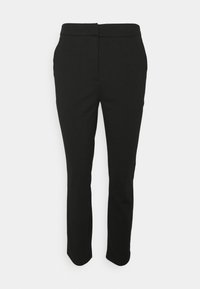 Musta räätälöidyt housut, joissa on istuva leikkaus, litteä etukaitale ja suorat lahkeet, valmistettu sileästä, kevyestä kankaasta.