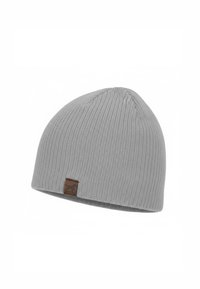 Gray knitted beanie with ribbed texture, soft material, tapered top, and a brown leather logo patch on the side.