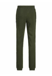 Olivengrønne sweatpants i blødt, strækbart stof med en tætsiddende ben, elastisk talje og sidelommer. Ingen synlige logoer eller mønstre.