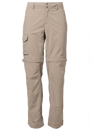 Beige cargobroek met afritsbare pijpen, zijflappentas, voorsluiting met knoop en rits, en riemlussen.