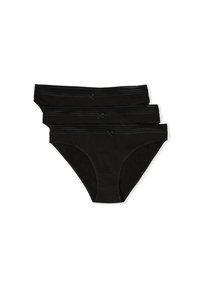 Pack de trois culottes noires en coton, présentant une texture lisse, un design taille basse et des nœuds décoratifs sur la taille.