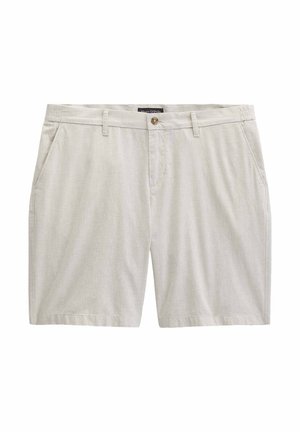 Lichtbeige korte broek van katoenmix met knoopsluiting, riemlussen en zijzakken, plat afgebeeld op een witte achtergrond.