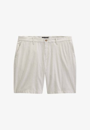 Lichtbeige korte broek van katoenmix met knoopsluiting, riemlussen en zijzakken, plat afgebeeld op een witte achtergrond.