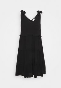 Schwarzes ärmelloses Kleid mit V-Ausschnitt, geknoteten Trägern und gestuften Rüschendetails entlang des Rocks.