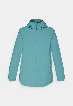 Water-resistant teal jacket with a hood, front zipper closure, side pockets, and elastic cuffs; smooth texture and minimalist design.