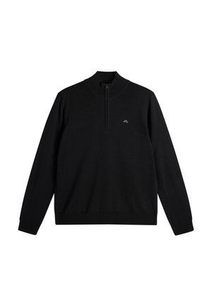 Pull-over noir à manches longues avec col à demi-fermeture éclair et petit logo sur la poitrine gauche, poignets et ourlet côtelés.