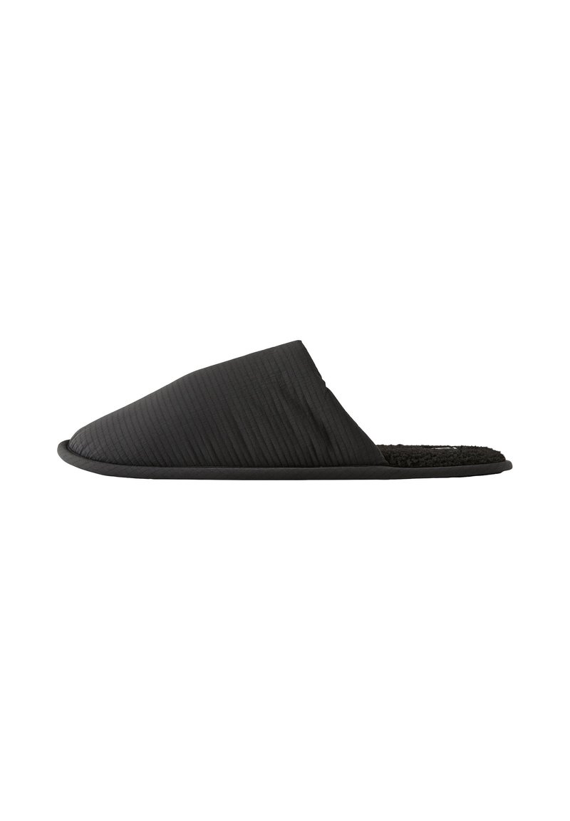 Chausson en tissu noir avec un motif côtelé texturé, dos ouvert et doublure intérieure moelleuse, doté d'un bout arrondi et d'une semelle plate.