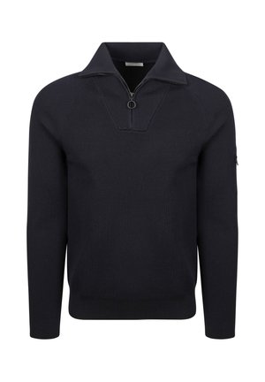 Marineblauwe trui met hoge kraag en halve ritssluiting, met ribbeltextuur en lange mouwen, ontworpen voor een aansluitende look. Minimaal zichtbare accenten.