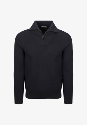 Marineblauwe trui met hoge kraag en halve ritssluiting, met ribbeltextuur en lange mouwen, ontworpen voor een aansluitende look. Minimaal zichtbare accenten.