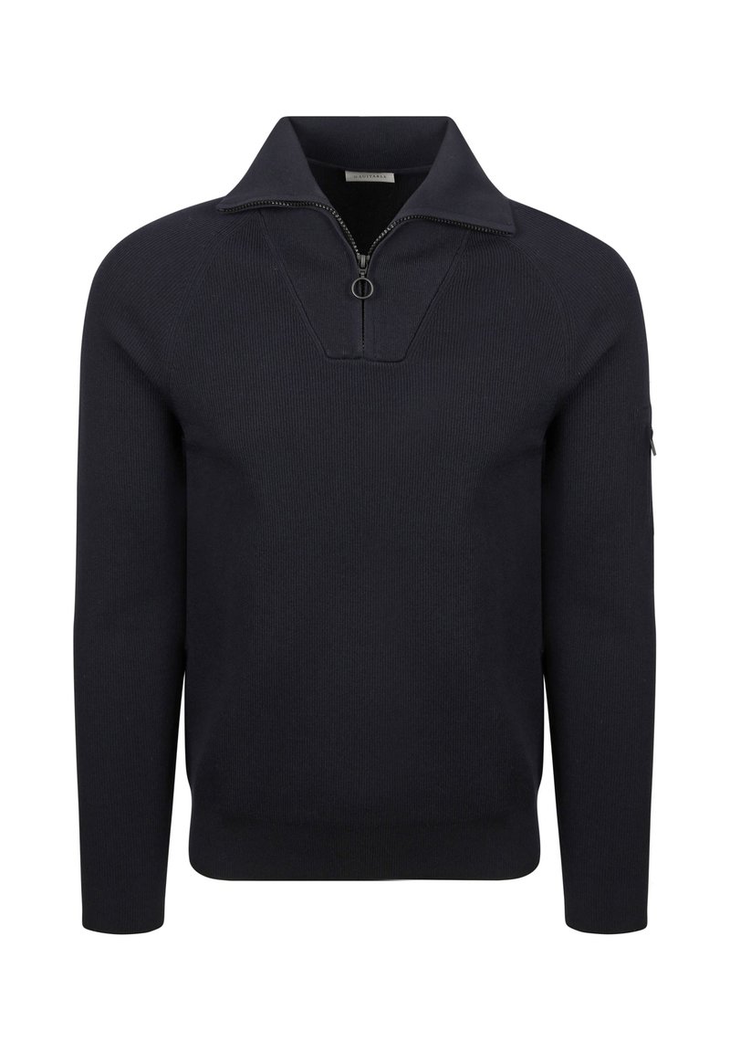 Marineblauwe trui met hoge kraag en halve ritssluiting, met ribbeltextuur en lange mouwen, ontworpen voor een aansluitende look. Minimaal zichtbare accenten.