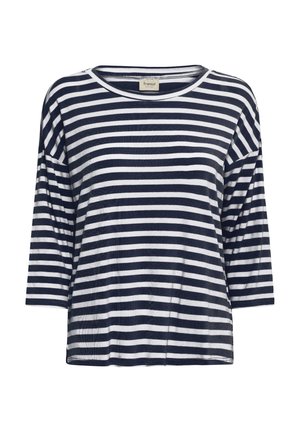 Tumsas zils un balts horizontāli svītrains garām piedurknēm krekls ar apaļu kakla izgriezumu un brīvu piegriezumu.