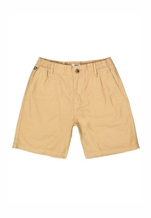 Pantaloni corti beige in cotone con vita elastica e chiusura a bottoni, dotati di due tasche laterali e una vestibilità rilassata. Tessuto liscio, senza motivi.