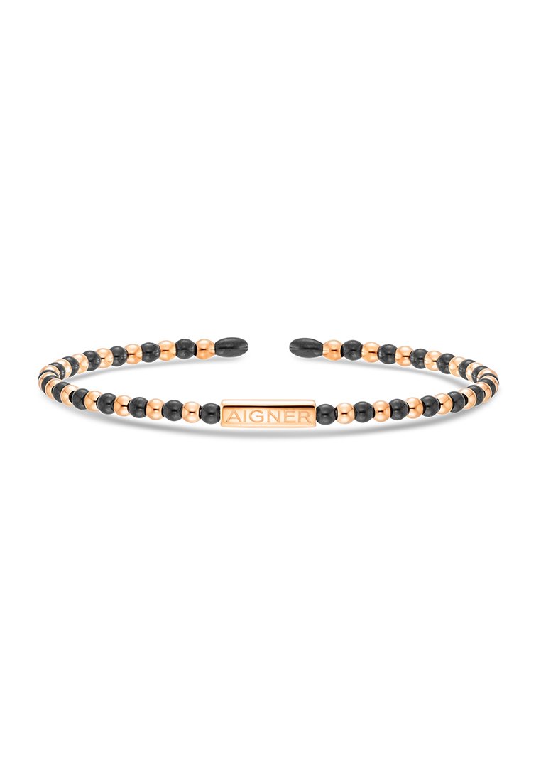 Armband mit abwechselnd schwarzen und roségoldenen Perlen, abgeschlossen mit einer rechteckigen roségoldenen Plakette, auf der "AIGNER" eingraviert ist. Elegantes, offenes Design.