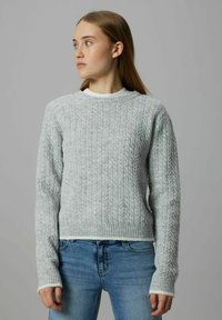 Gaiši pelēks adīts džemperis ar garām piedurknēm un ribots apakšmala. Tam ir apaļa izgriezums un balts uzraksts apkaklē.