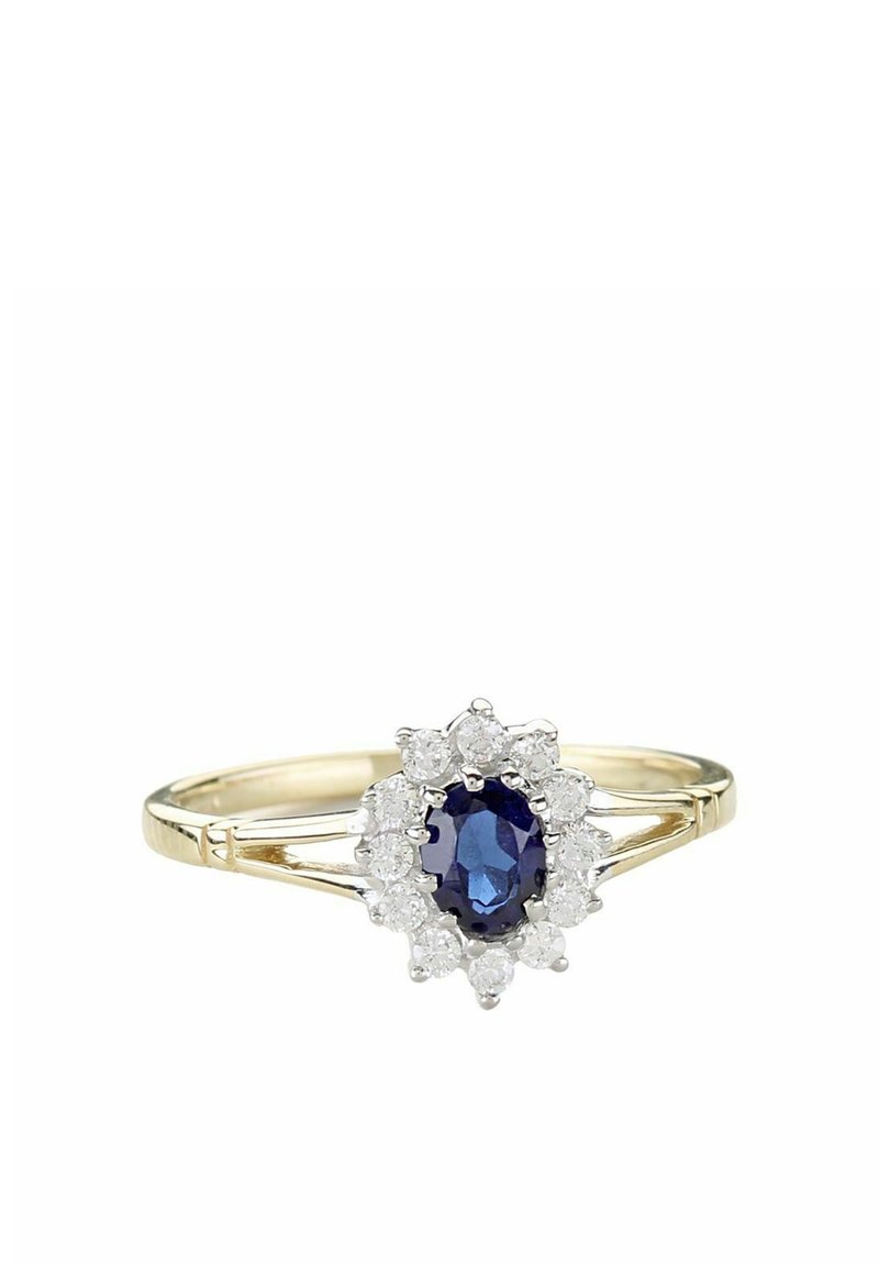 Goldring mit einem ovalen Saphir, umgeben von funkelt weißen Diamanten in einem floralen Design. Glatter Band mit geteiltem Schenkel.