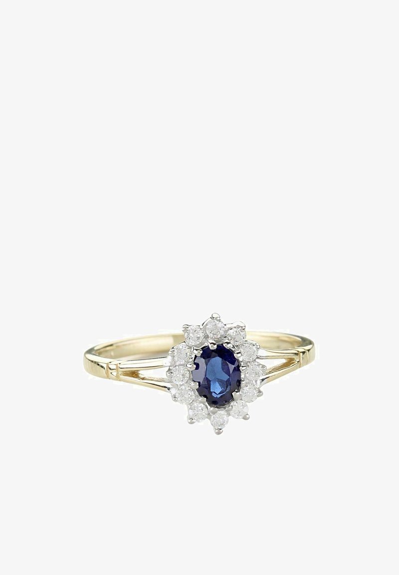 Guldring med en oval safir, omgiven av gnistrande vita diamanter i en blommig design. Slät band med delad shank.