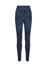 Jeans ajustados en denim azul oscuro, con un diseño de cintura alta, que cuentan con dos bolsillos traseros y detalles de costura sutiles en las costuras.