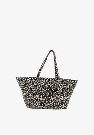 Grande borsa a tracolla con motivo leopardato bianco e nero e due spalline, su sfondo bianco.