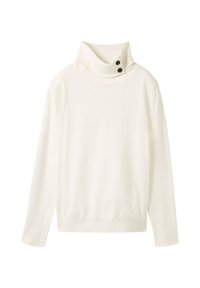 Pull en maille côtelée blanc à col roulé au design décontracté, avec deux boutons noirs sur le col et des manches longues. Texture de tissu douce.