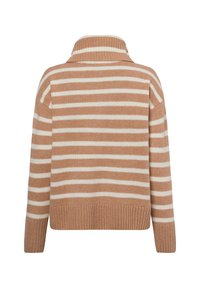 Gestreifter Pullover in Beige und Creme mit hohem Kragen, gerippten Bündchen und Saum. Weiche Stricktextur. Kurzes Design.