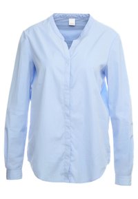 Jasnoniebieska koszula z długim rękawem z gładkiego materiału, z kołnierzem mandarynkowym, z zapięciem na guziki z przodu i lekko zakrzywionym dołem.