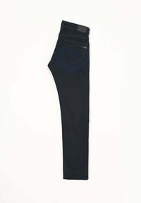 Vaqueros ajustados de mezclilla negra con una textura suave, que cuentan con un bolsillo trasero y una cintura alta. Diseño minimalista, sin adornos visibles.